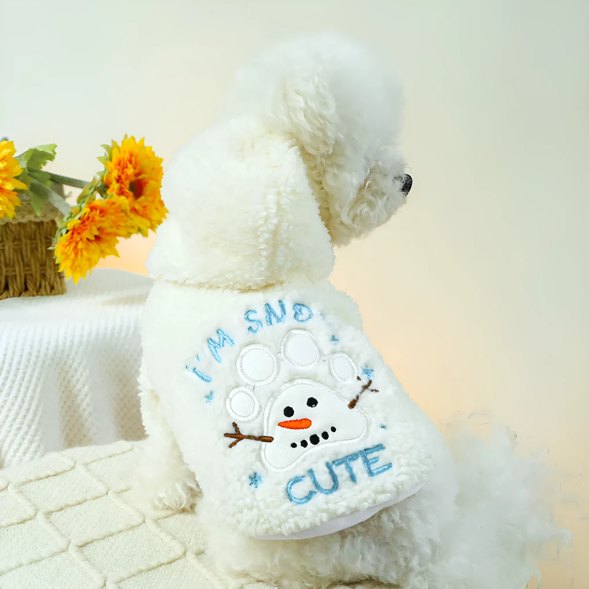Christmas fluffy pet jacket in sweet mouth snowman design, side view on cat, size M
