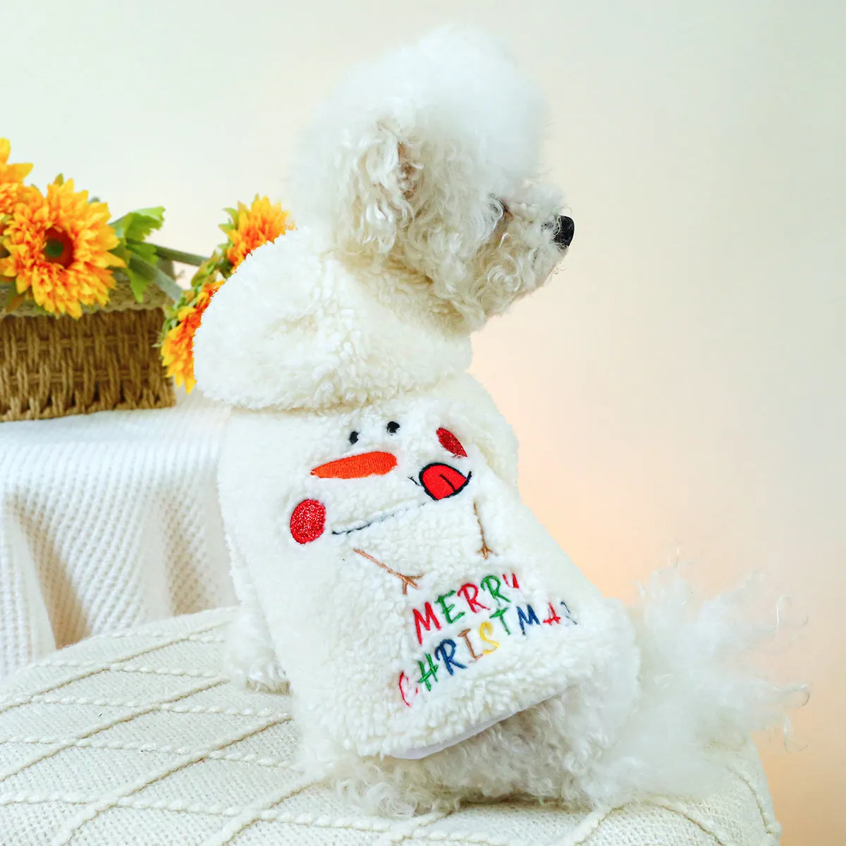 Christmas fluffy pet jacket in sweet mouth snowman design, side view on cat, size M