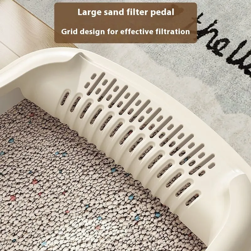 Oversized semi-enclosed PP cat litter box in cream white, extra large size, placed on floor
