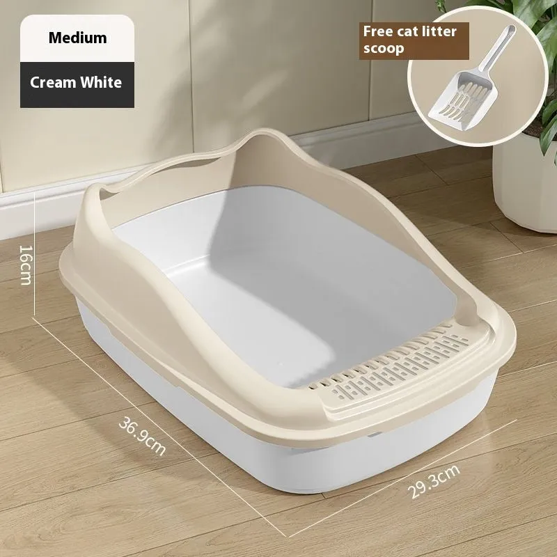 Oversized semi-enclosed PP cat litter box in cream white, extra large size, placed on floor