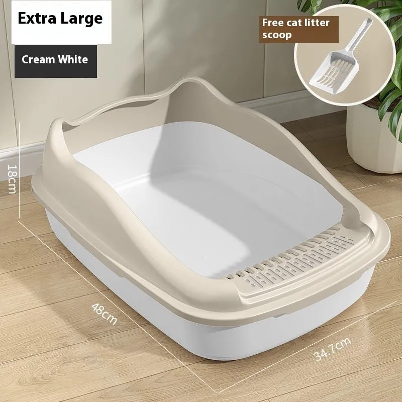 Oversized semi-enclosed PP cat litter box in cream white, extra large size, placed on floor