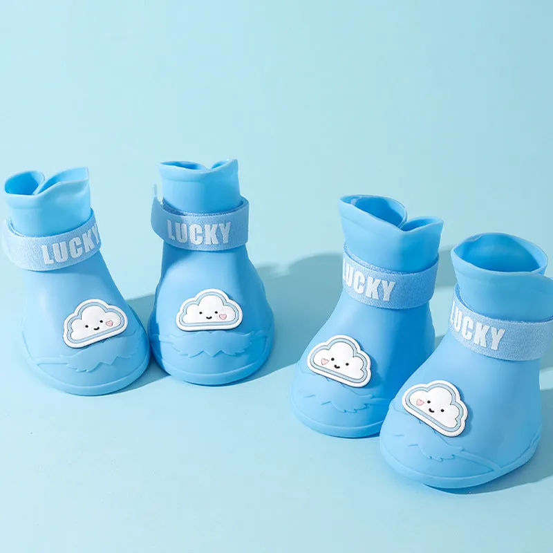 Pack of four silicone waterproof dog booties with non-slip sole in multiple colours on white background