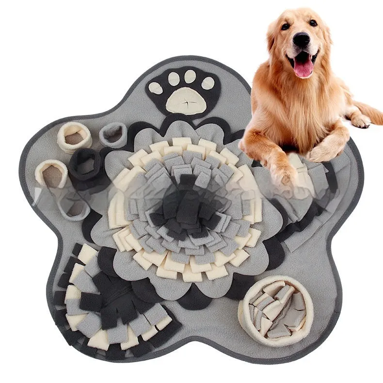 Flower Gray Series pet sniffing mat slow food toy in plush fabric with gray four-corner star design