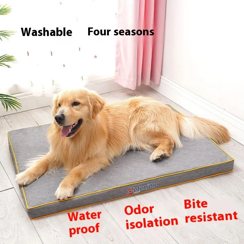 Oxford cloth waterproof scratch-resistant dog bed mat in Oxford blue, showing wooden base and size options for small to large dogs
