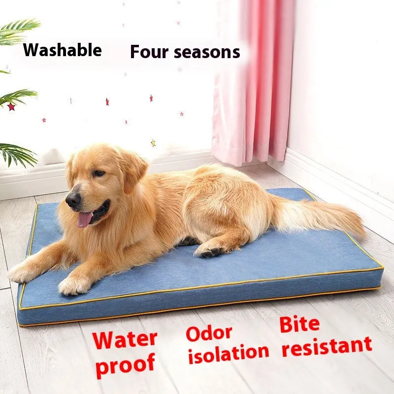 Oxford cloth waterproof scratch-resistant dog bed mat in Oxford blue, showing wooden base and size options for small to large dogs