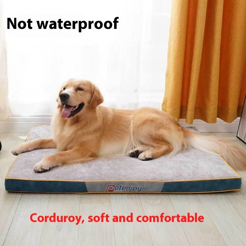 Oxford cloth waterproof scratch-resistant dog bed mat in Oxford blue, showing wooden base and size options for small to large dogs