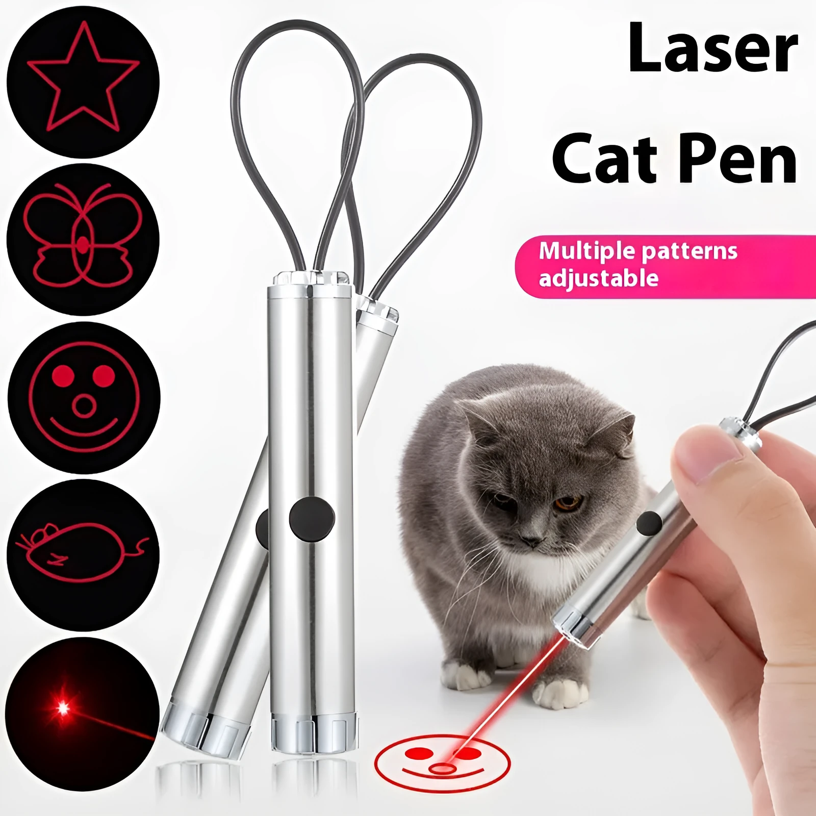 Silver stainless steel laser pen cat toy with four light spot patterns