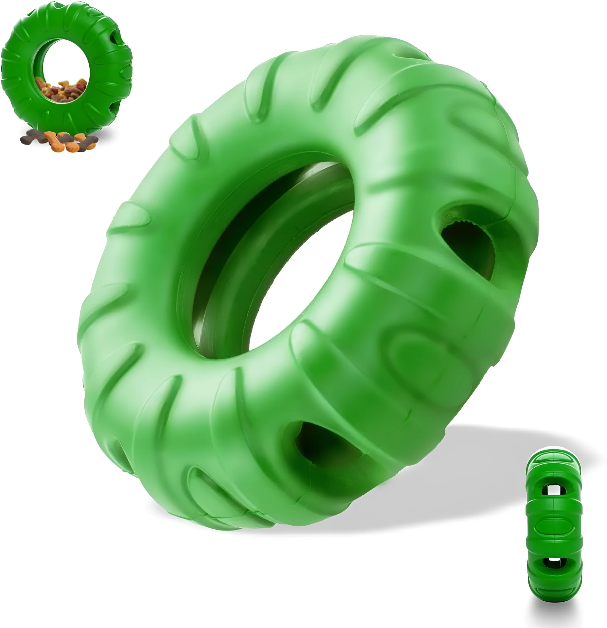 Blue green red tyre-shaped dog chew toy with oval openings for slow feeding