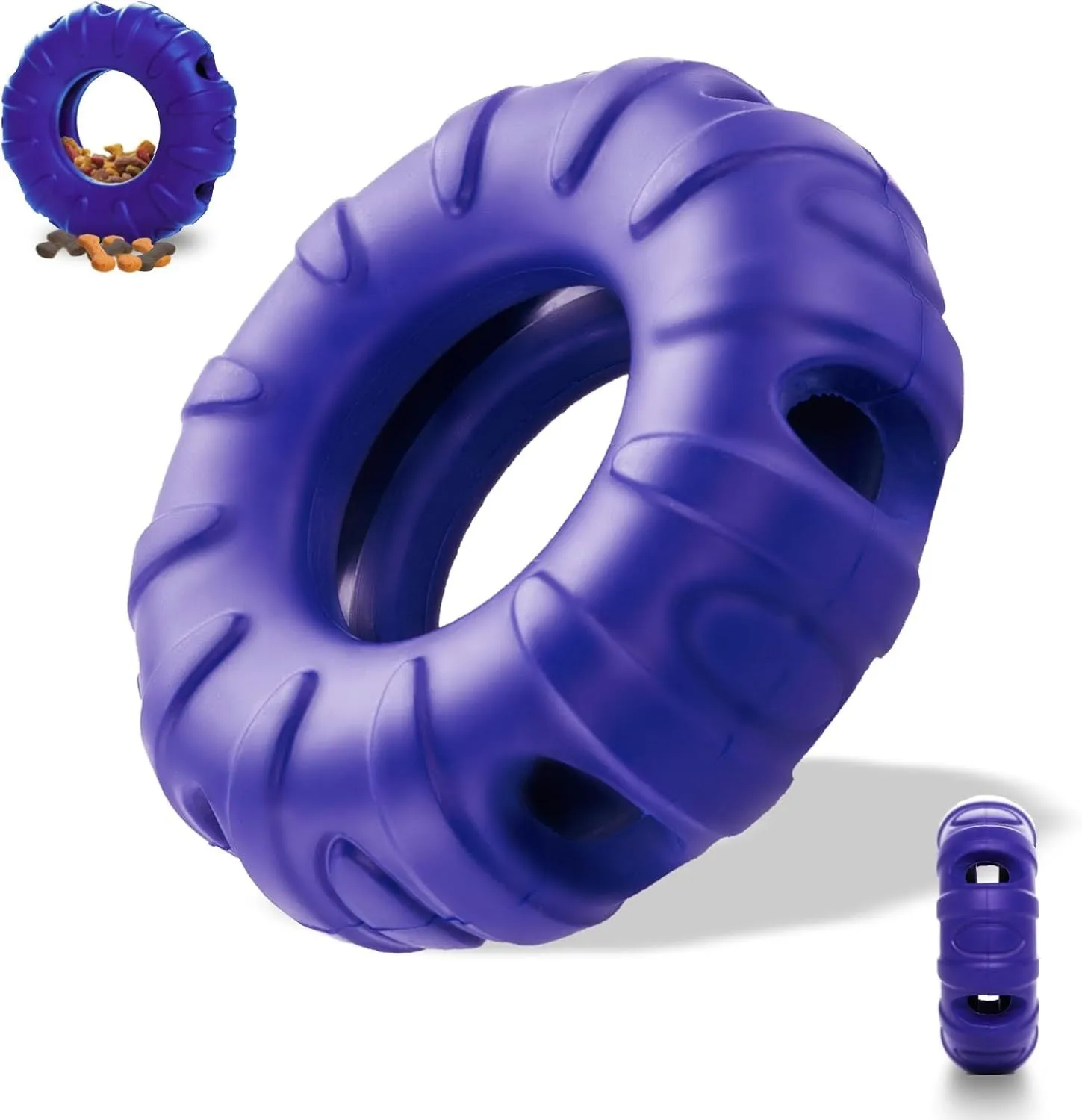 Blue green red tyre-shaped dog chew toy with oval openings for slow feeding