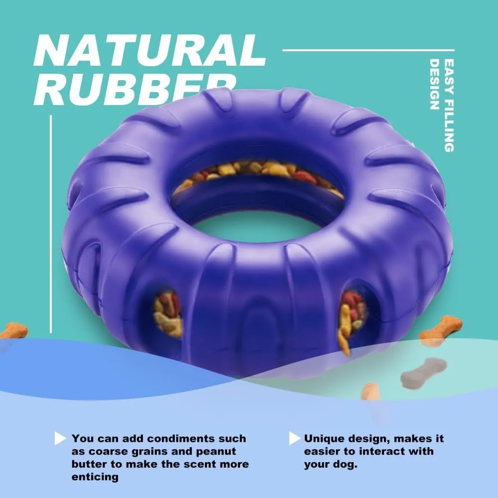 Blue green red tyre-shaped dog chew toy with oval openings for slow feeding