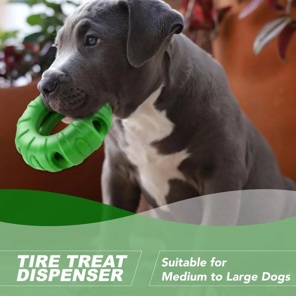 Blue green red tyre-shaped dog chew toy with oval openings for slow feeding