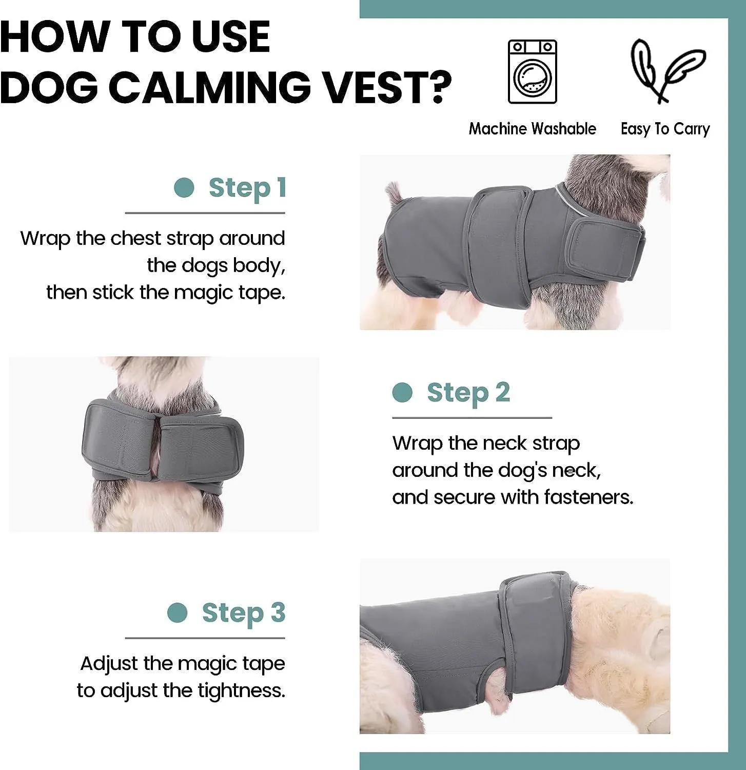 Grey dog anxiety vest with adjustable straps, shock protection features, worn by a small dog, sizes XS-XXXL available