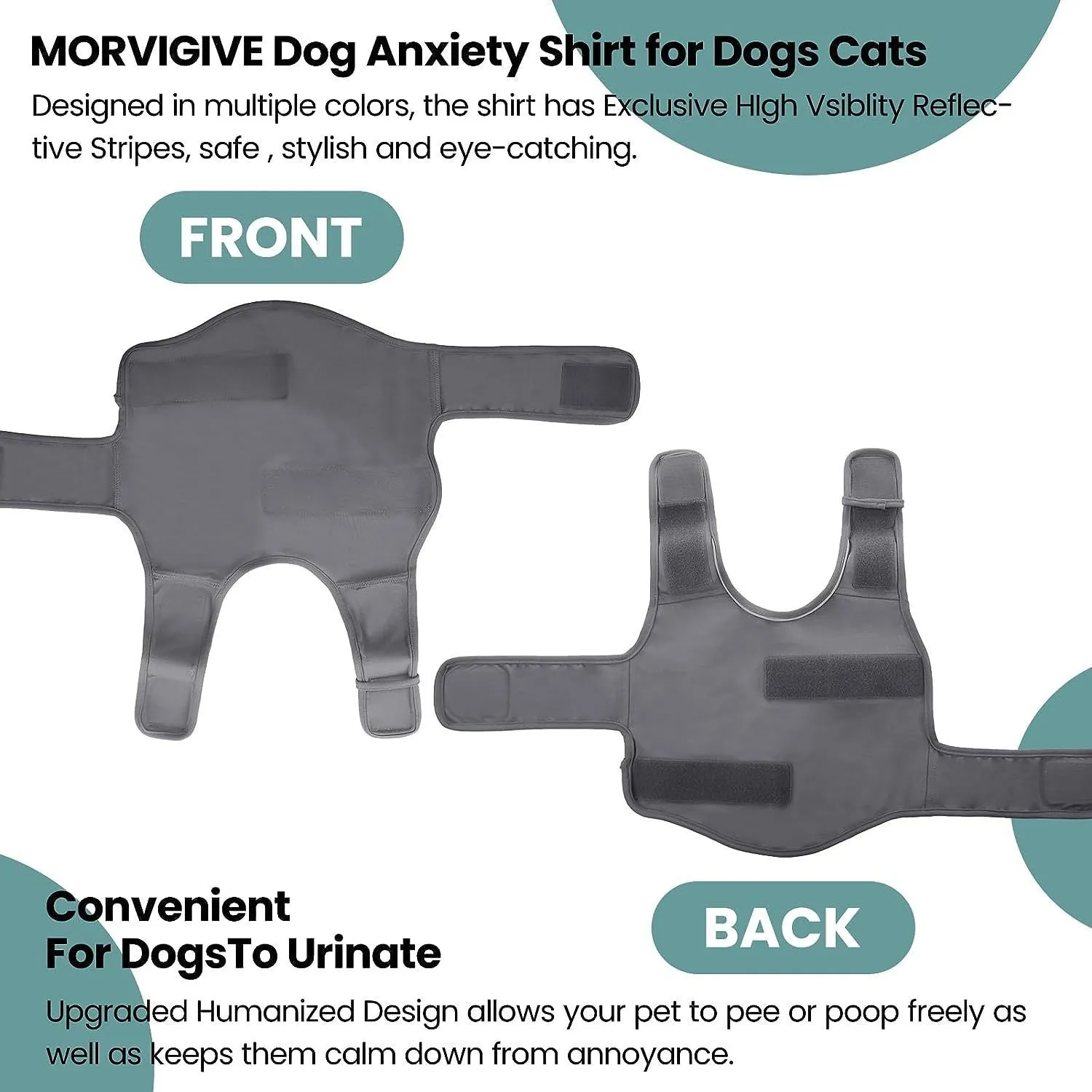 Grey dog anxiety vest with adjustable straps, shock protection features, worn by a small dog, sizes XS-XXXL available