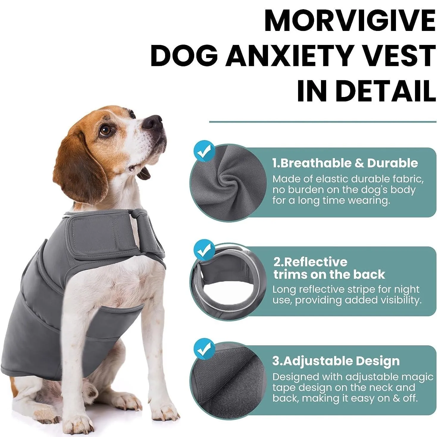 Grey dog anxiety vest with adjustable straps, shock protection features, worn by a small dog, sizes XS-XXXL available