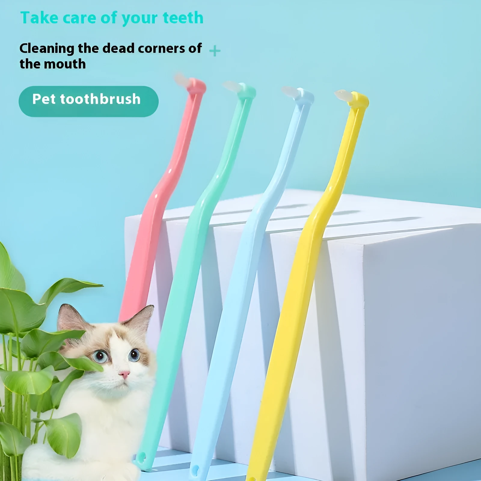 Pet orthodontic toothbrush with soft bristles in multiple colours including red, blue, green, yellow for cleaning dog and cat teeth