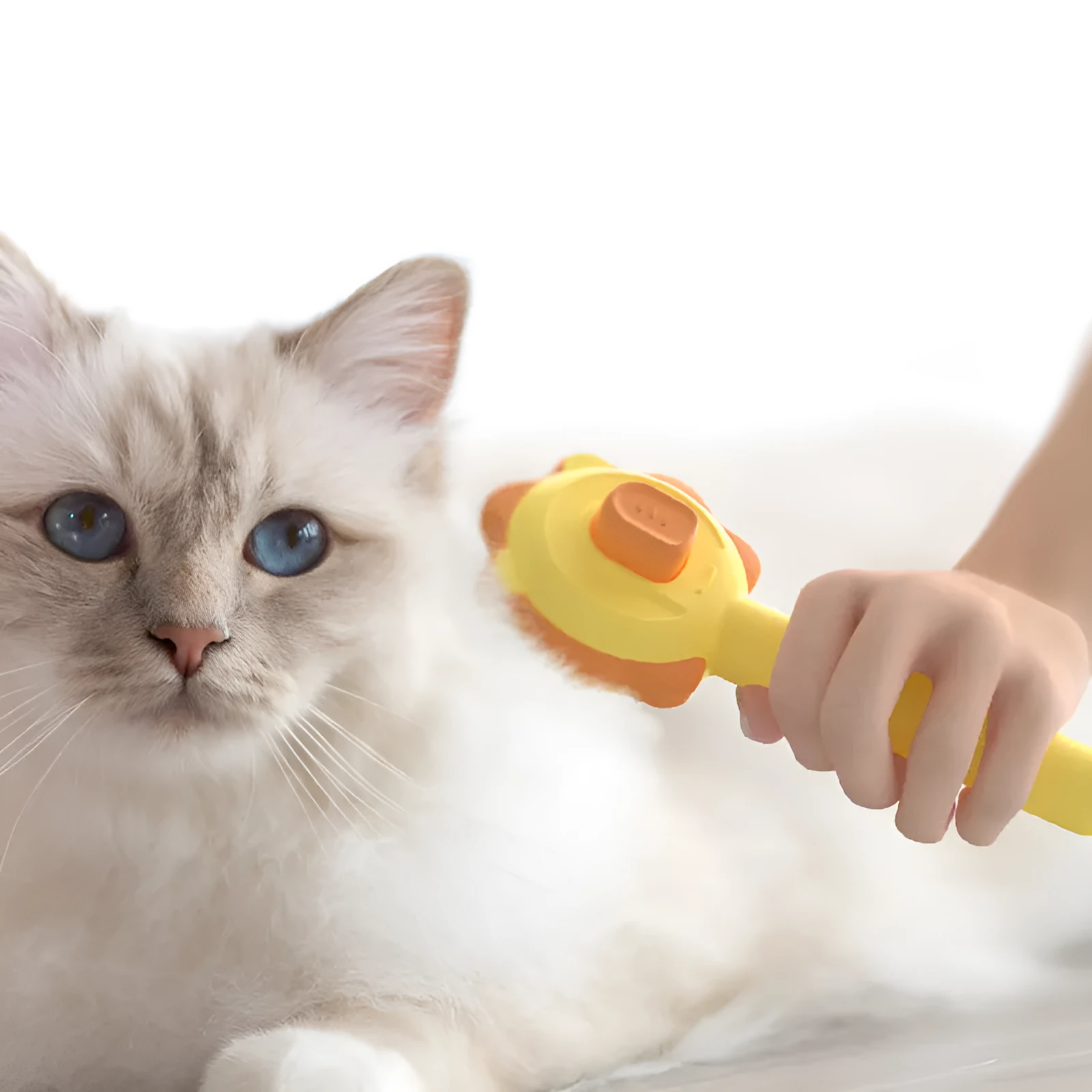 Stainless steel pet comb with one-click hair removal in blue, pink, and yellow colours on white background