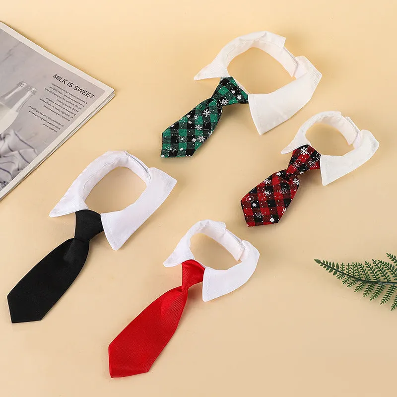 Christmas dog necktie with red plaid snowflake pattern on a small dog for festive wear
