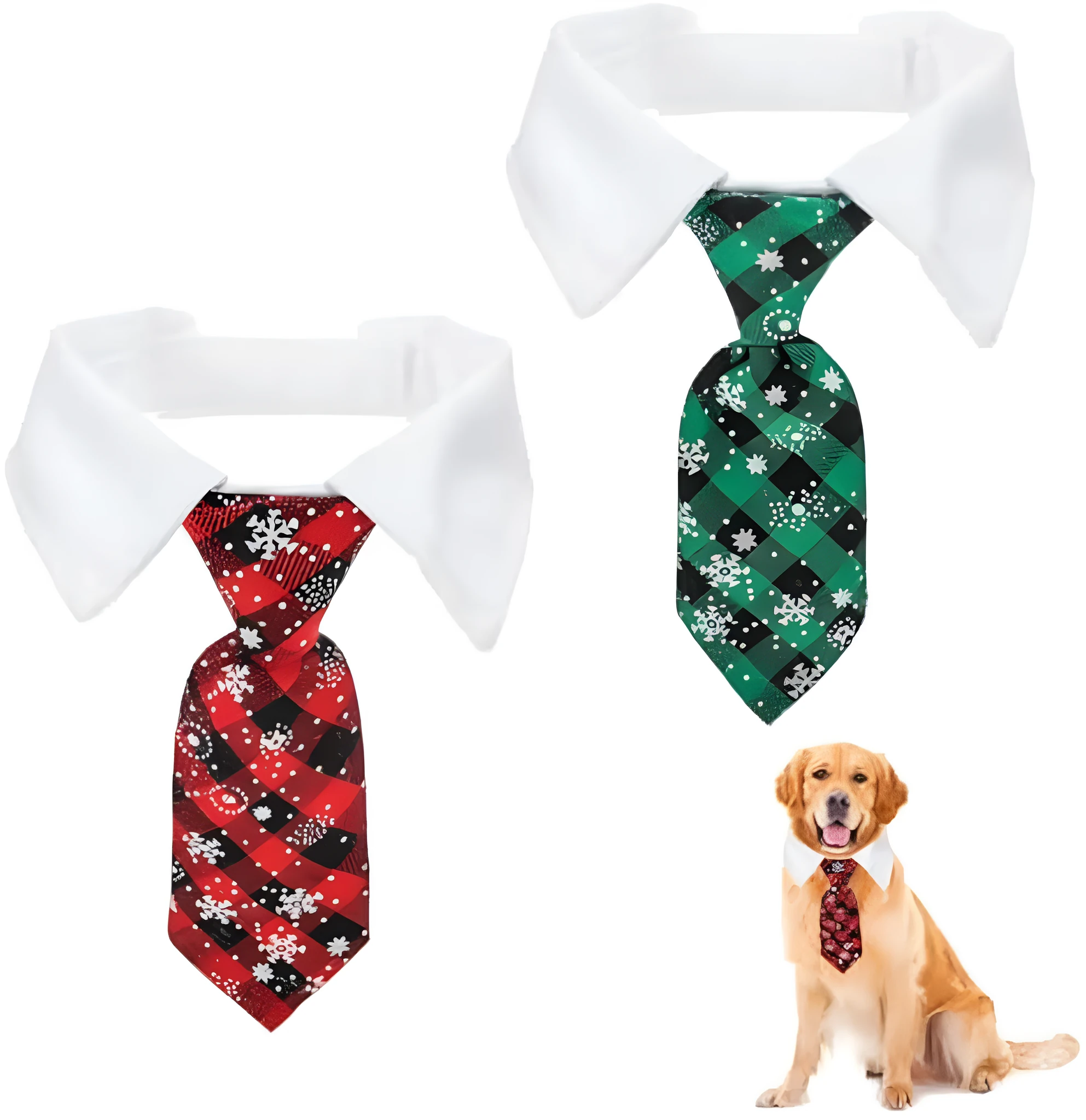 Christmas dog necktie with red plaid snowflake pattern on a small dog for festive wear