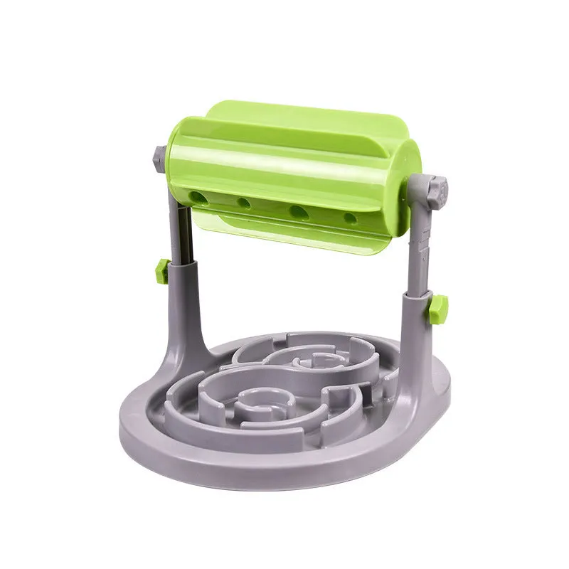 Interactive pet slow feeder bowl with adjustable height in blue, green, and pink options