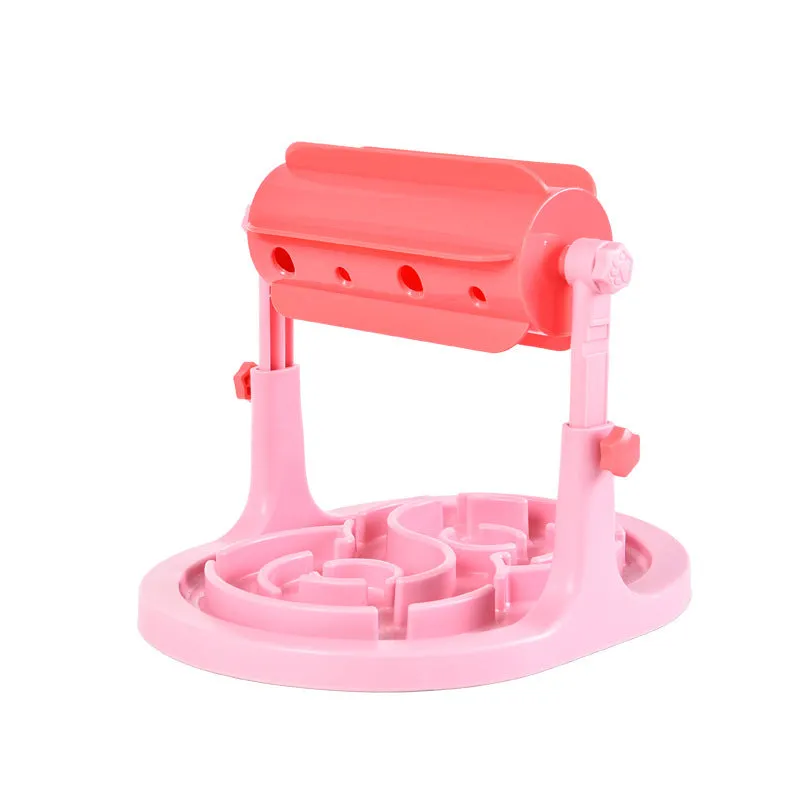 Interactive pet slow feeder bowl with adjustable height in blue, green, and pink options