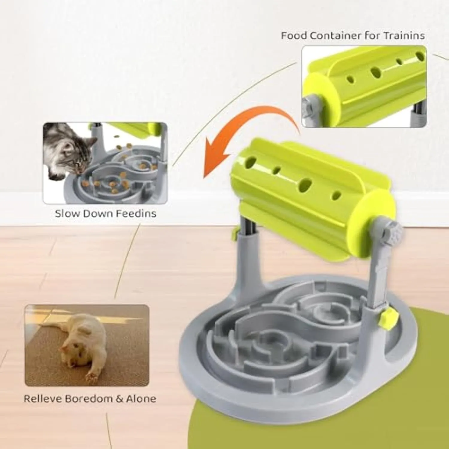 Interactive pet slow feeder bowl with adjustable height in blue, green, and pink options