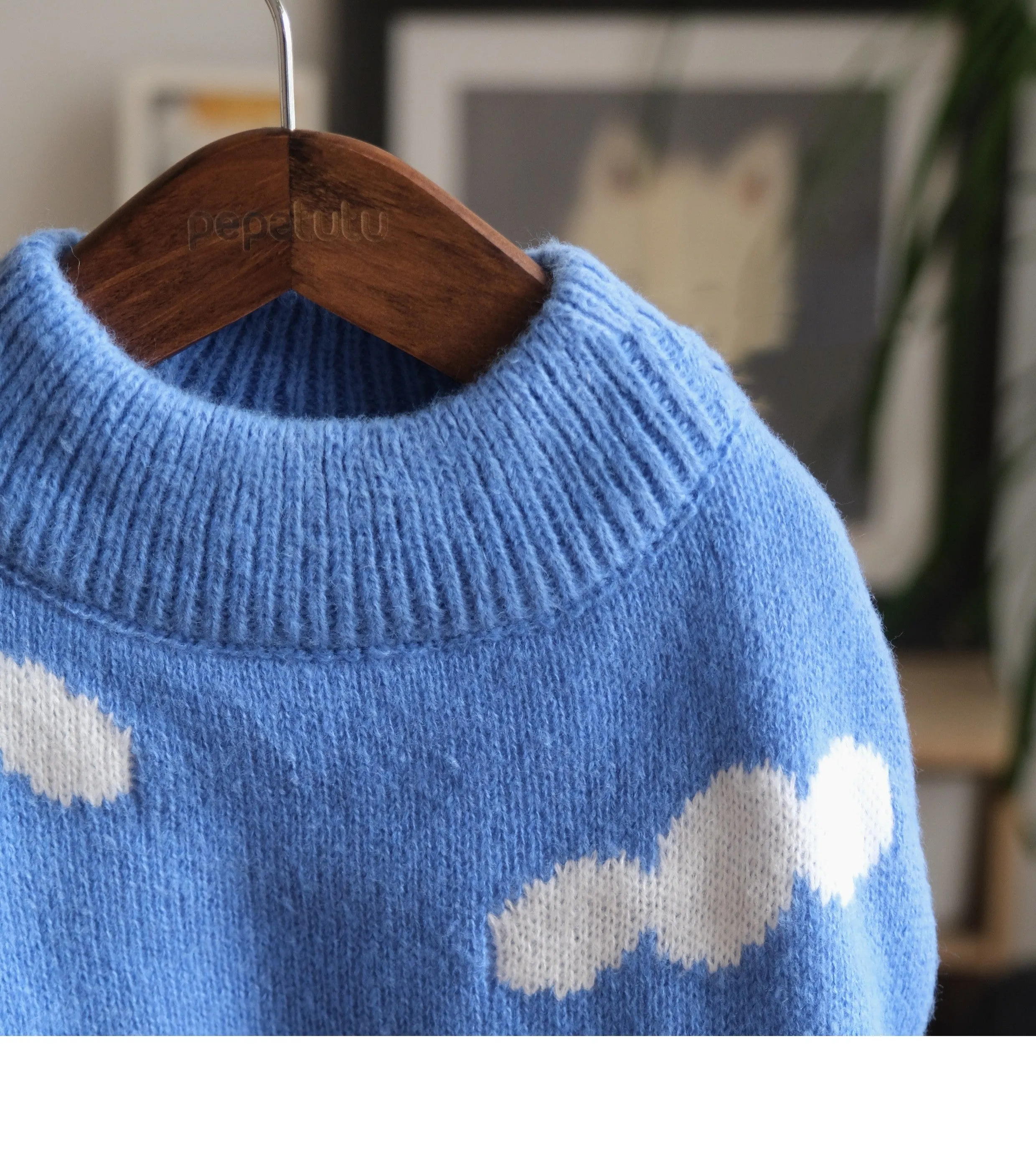 Warm Clouds crew neck pullover dog sweater in blue sky and white clouds colour