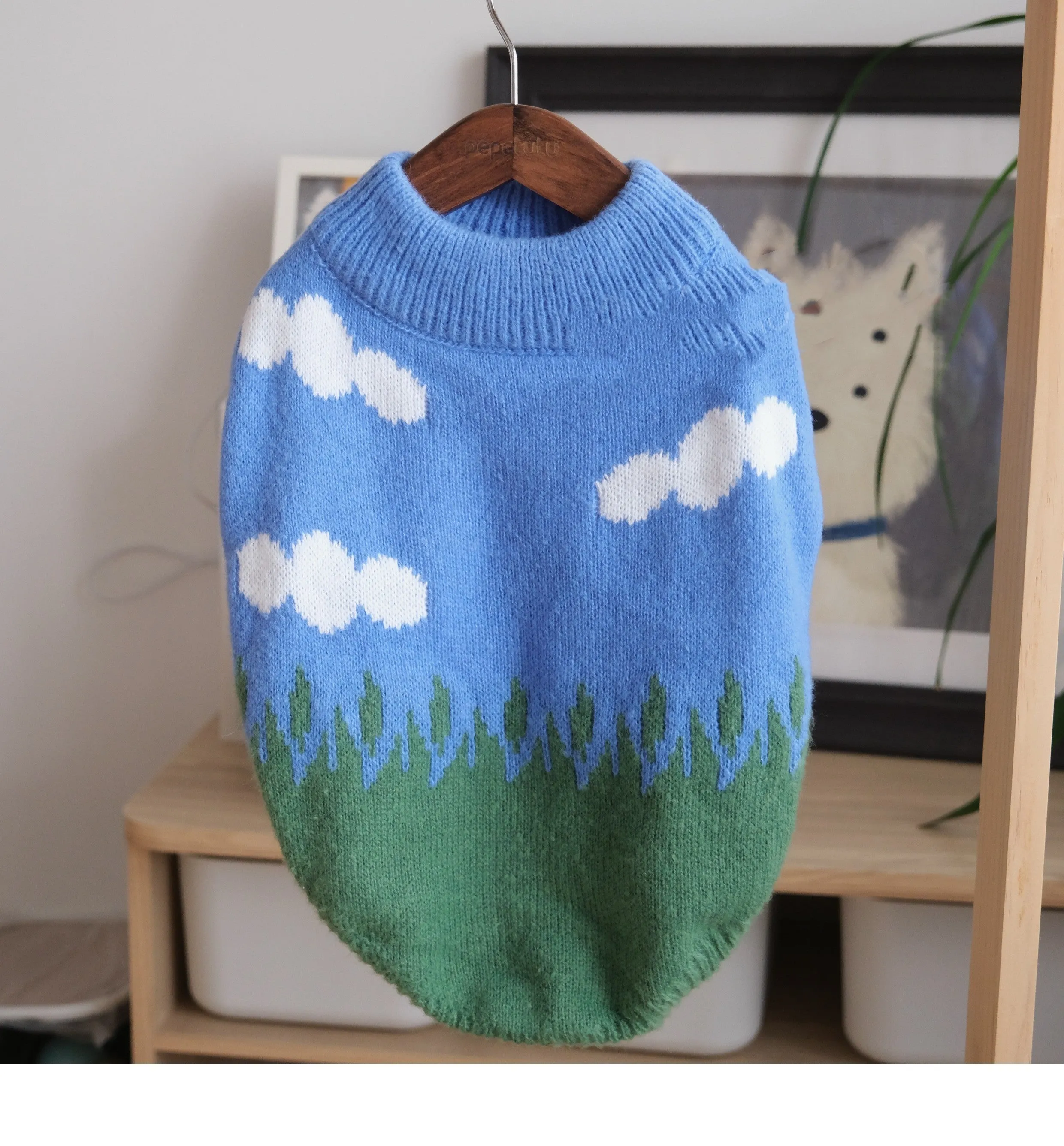 Warm Clouds crew neck pullover dog sweater in blue sky and white clouds colour