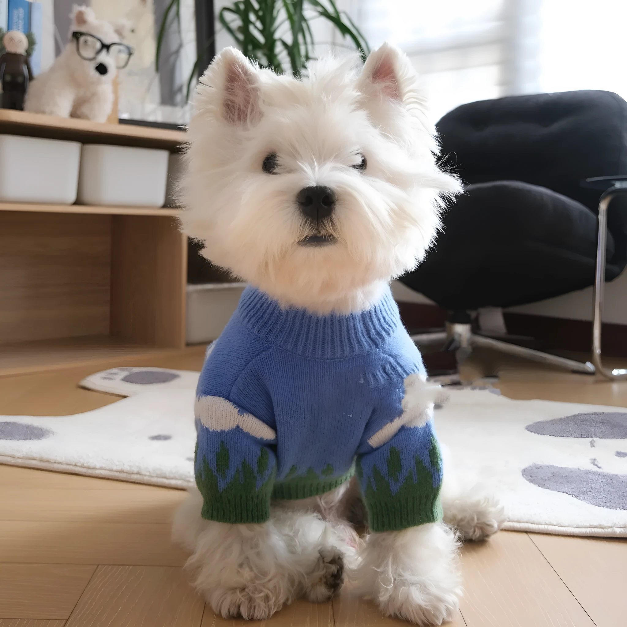 Warm Clouds crew neck pullover dog sweater in blue sky and white clouds colour