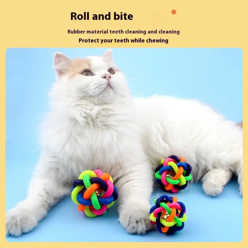 Colourful woven plastic pet toy ball with bell in rainbow colour, 6.5cm size