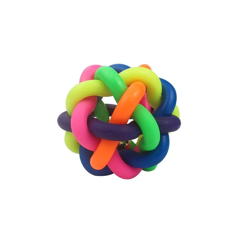 Colourful woven plastic pet toy ball with bell in rainbow colour, 6.5cm size