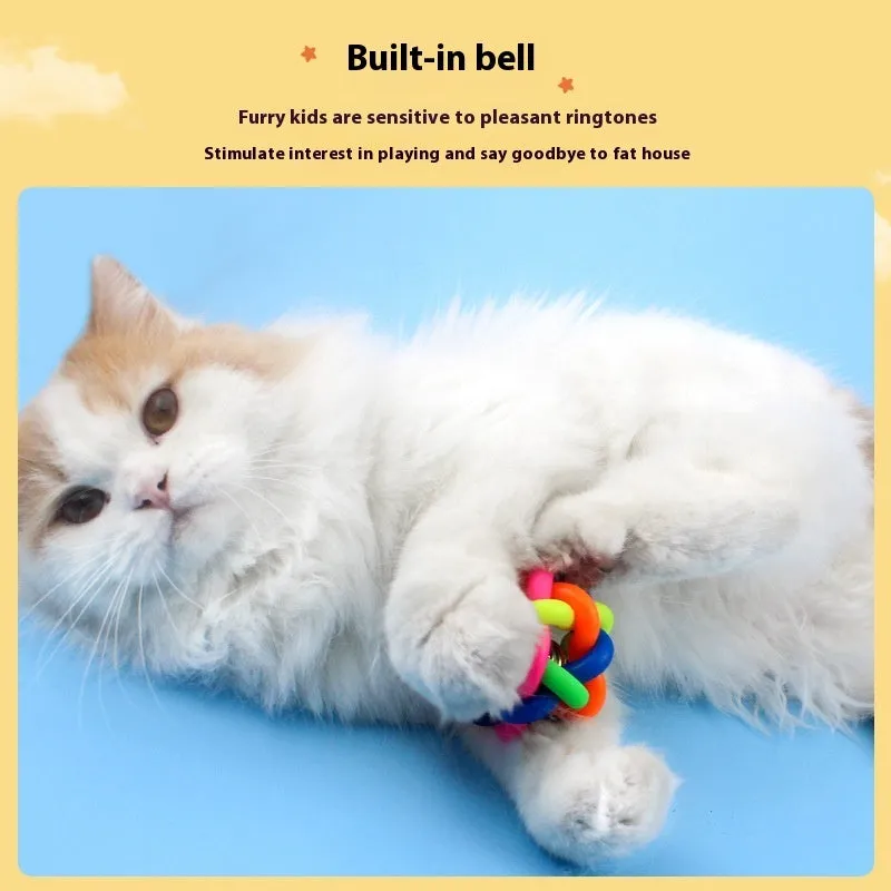 Colourful woven plastic pet toy ball with bell in rainbow colour, 6.5cm size