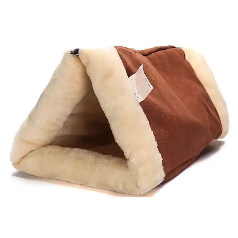 Foldable brown fleece pet bed tunnel mat for cats and dogs with thermo-reflective lining