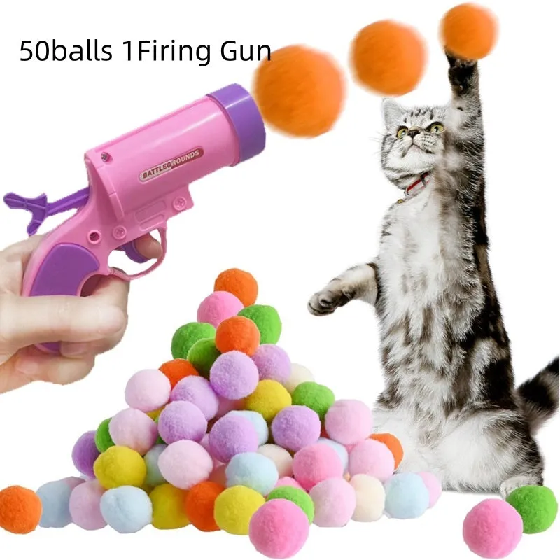Cat toy pompons gun mute ball polyester interactive set with firing gun for indoor play