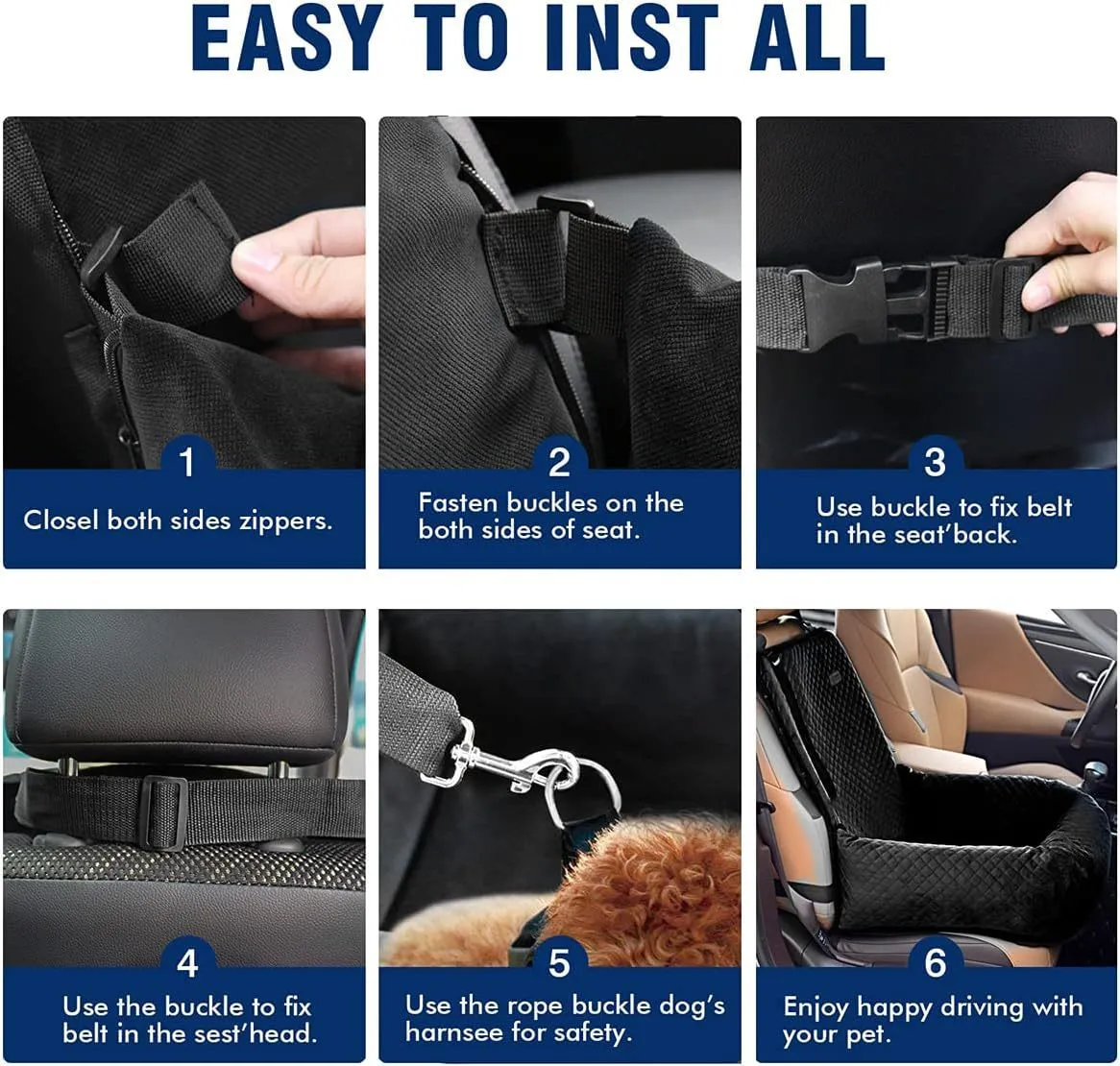 Black breathable pet car hanging bag with waterproof seat cushion, compressed size 44x58x6cm