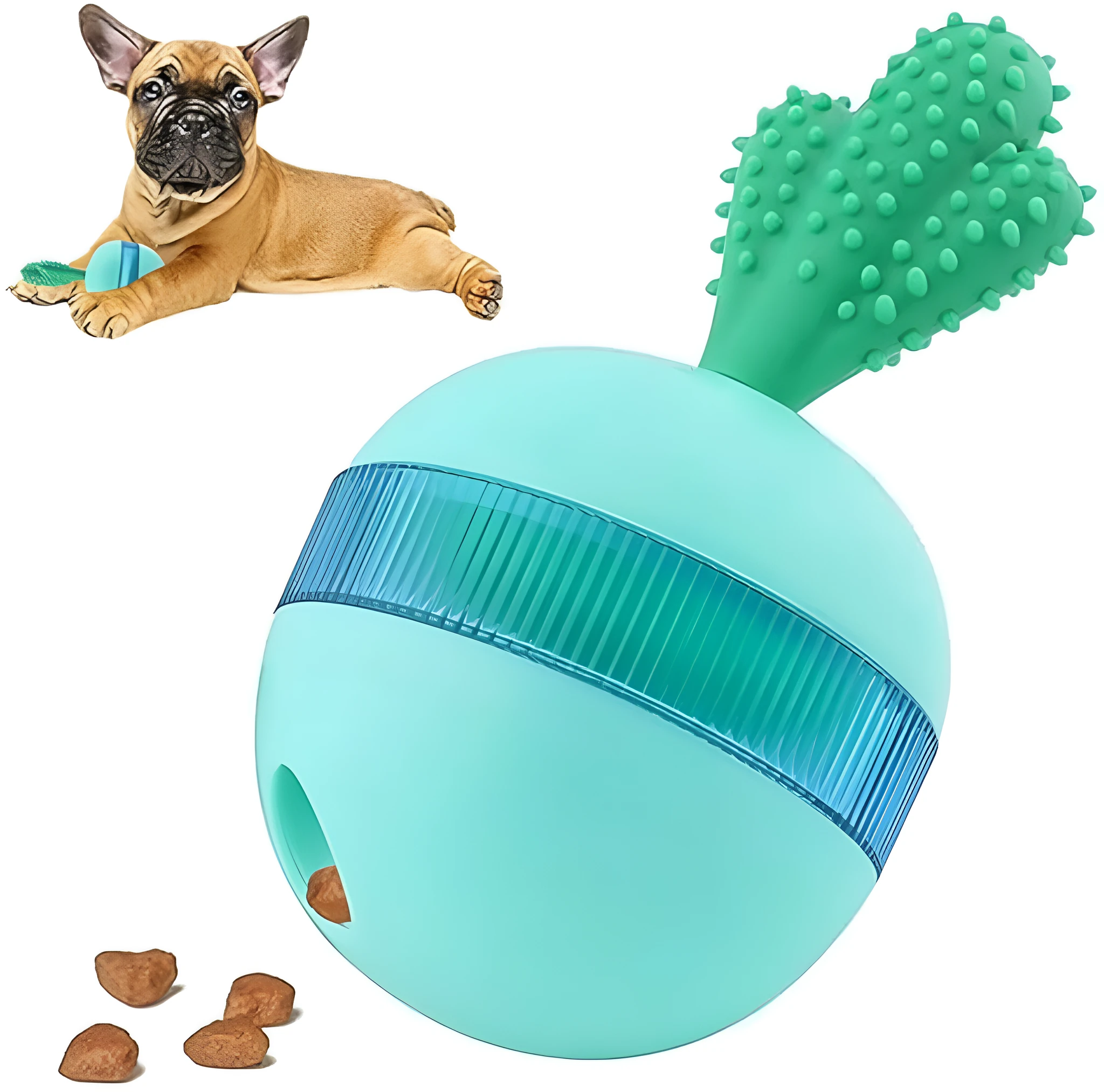 Blue and green durable rubber interactive dog treat dispenser puzzle ball for medium large dogs