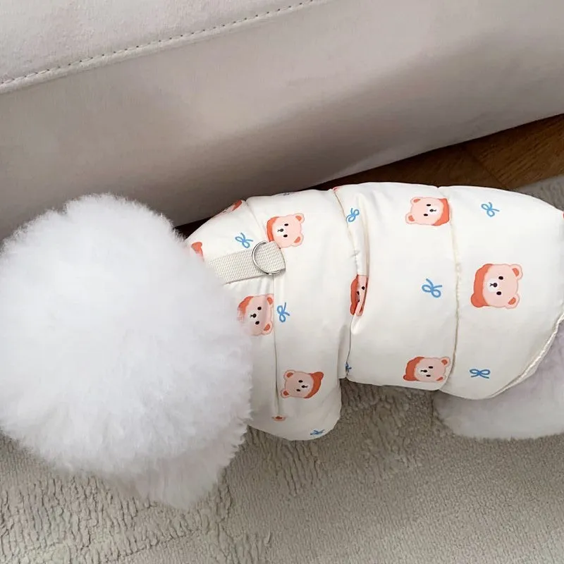 Small puppy cat autumn winter thickened bear pattern coat on a small dog, grey and white, back length 25cm size S