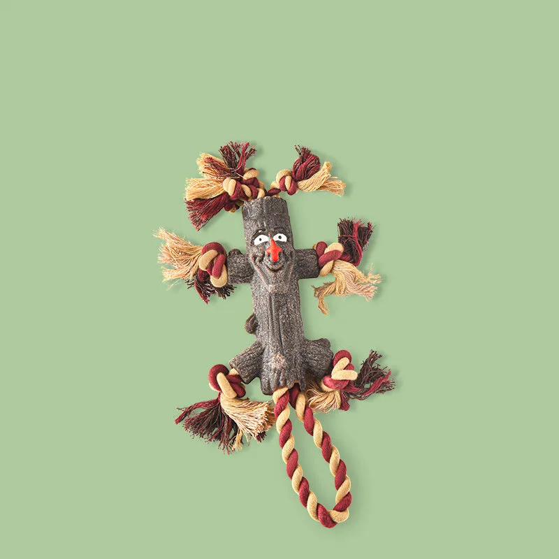 Large dog toy with rubber log shape, TPR knot, and rope for fetch and tugging, suitable for heavy chewers