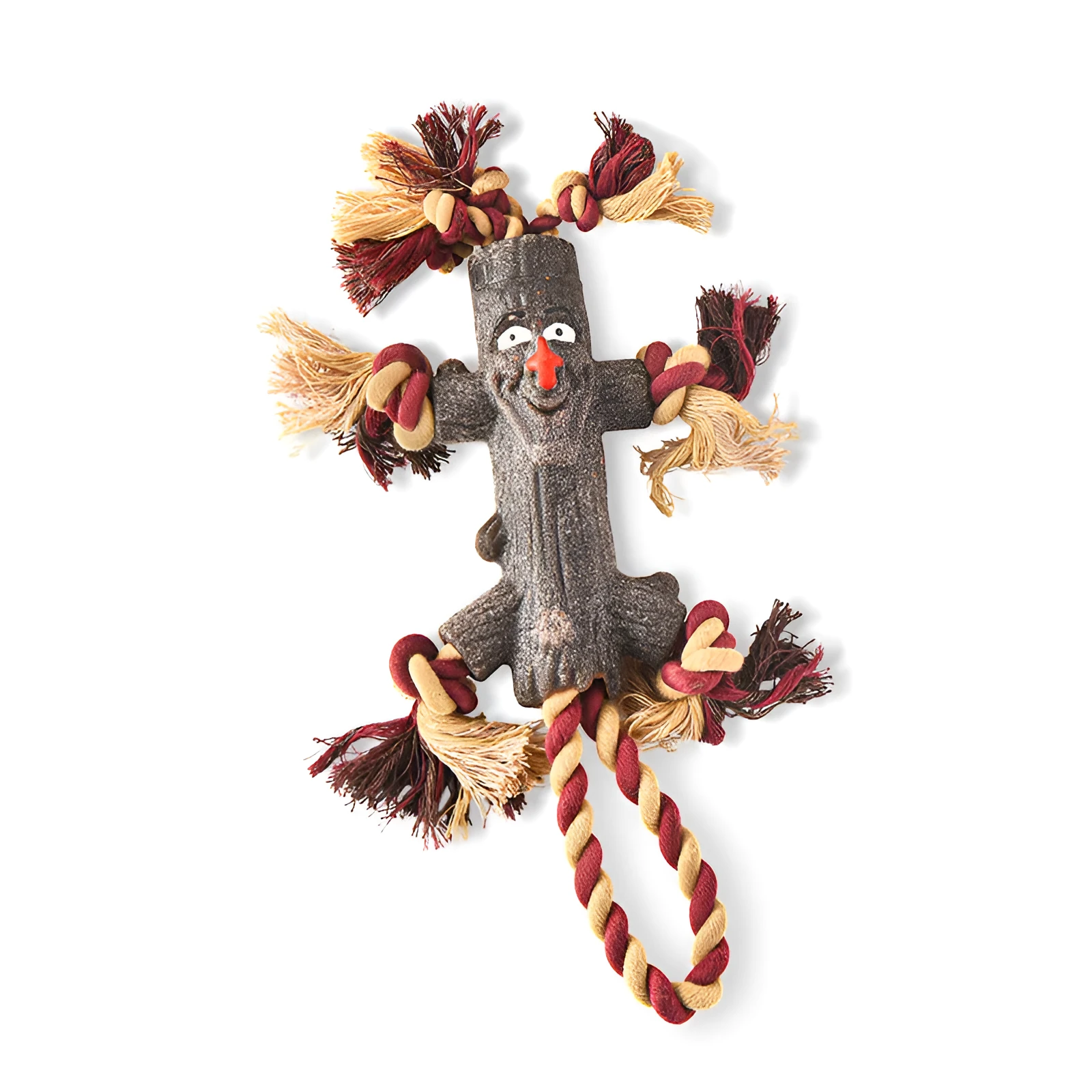 Large dog toy with rubber log shape, TPR knot, and rope for fetch and tugging, suitable for heavy chewers