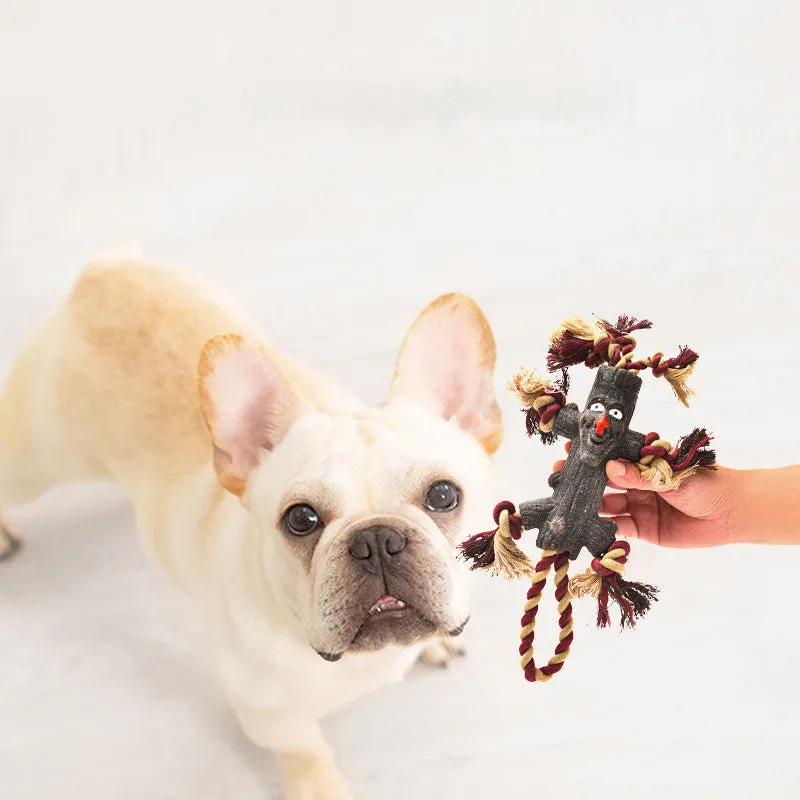 Large dog toy with rubber log shape, TPR knot, and rope for fetch and tugging, suitable for heavy chewers