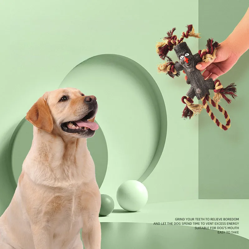 Large dog toy with rubber log shape, TPR knot, and rope for fetch and tugging, suitable for heavy chewers
