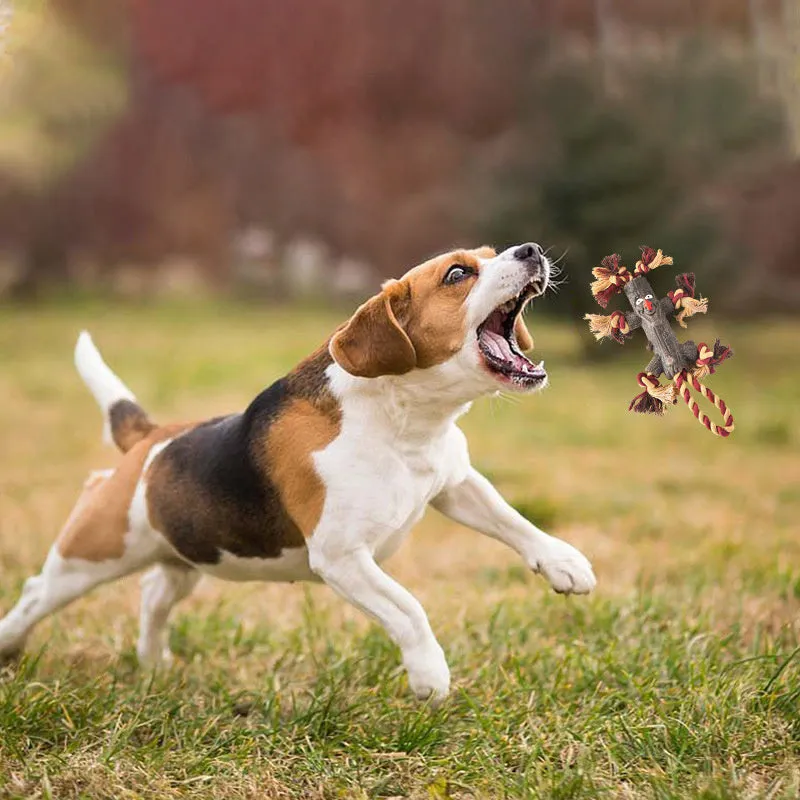 Large dog toy with rubber log shape, TPR knot, and rope for fetch and tugging, suitable for heavy chewers