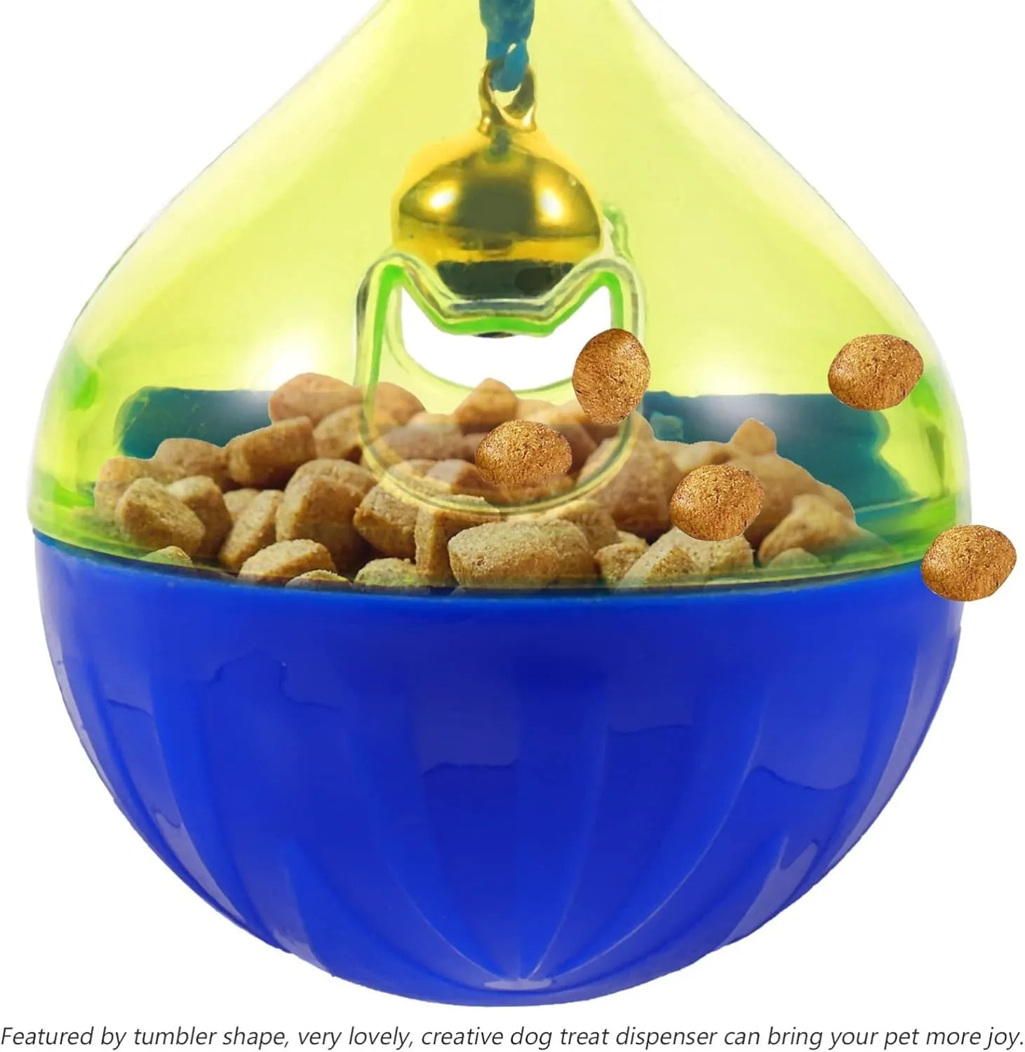 Blue and white tumbler-shaped pet toy for dispensing dog or cat treats during play.