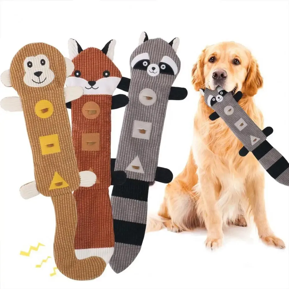 Plush animal-shaped dog toy, Fox design, 47cm long with squeaker and treat-dispensing pockets