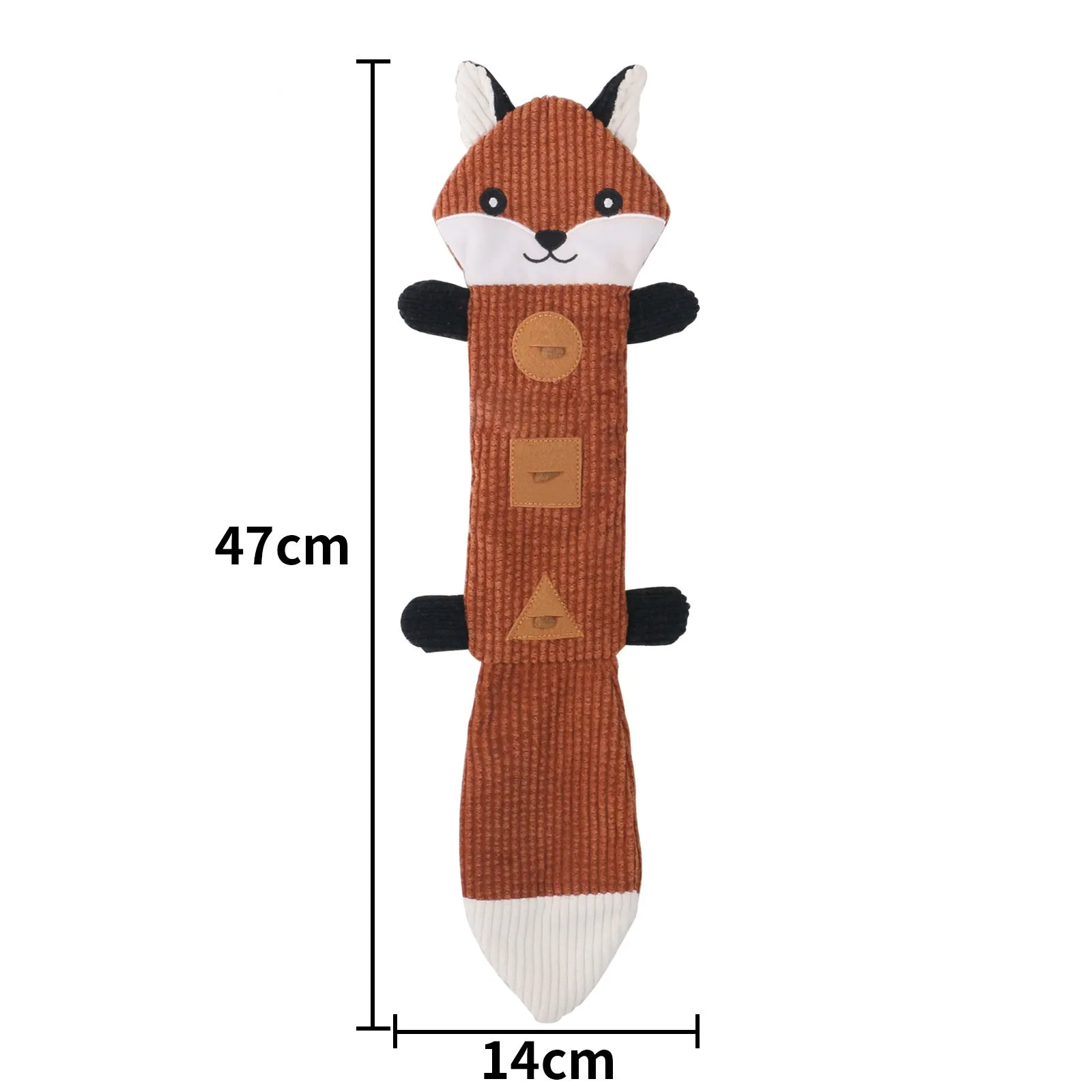 Plush animal-shaped dog toy, Fox design, 47cm long with squeaker and treat-dispensing pockets