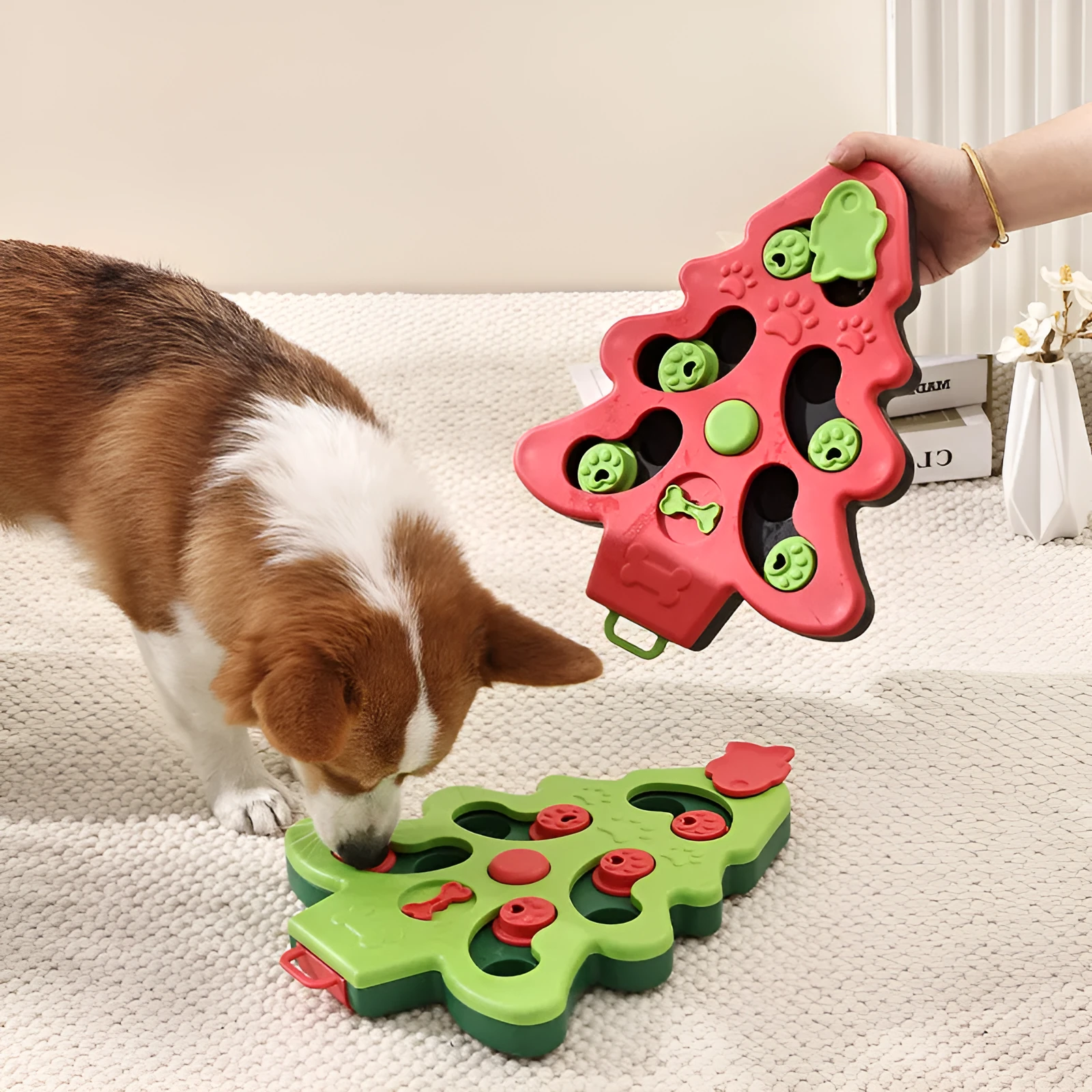 Interactive dog puzzle toy Christmas tree slow food bowl with non-slip rubber base, green colour