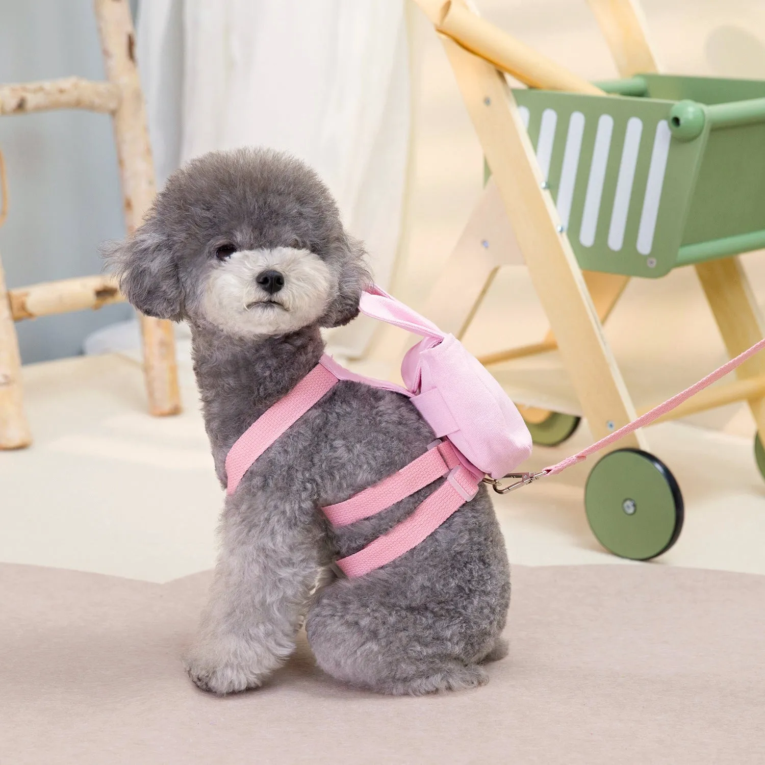 Canvas pet dog backpack in denim style, pink colour, for small and medium dogs