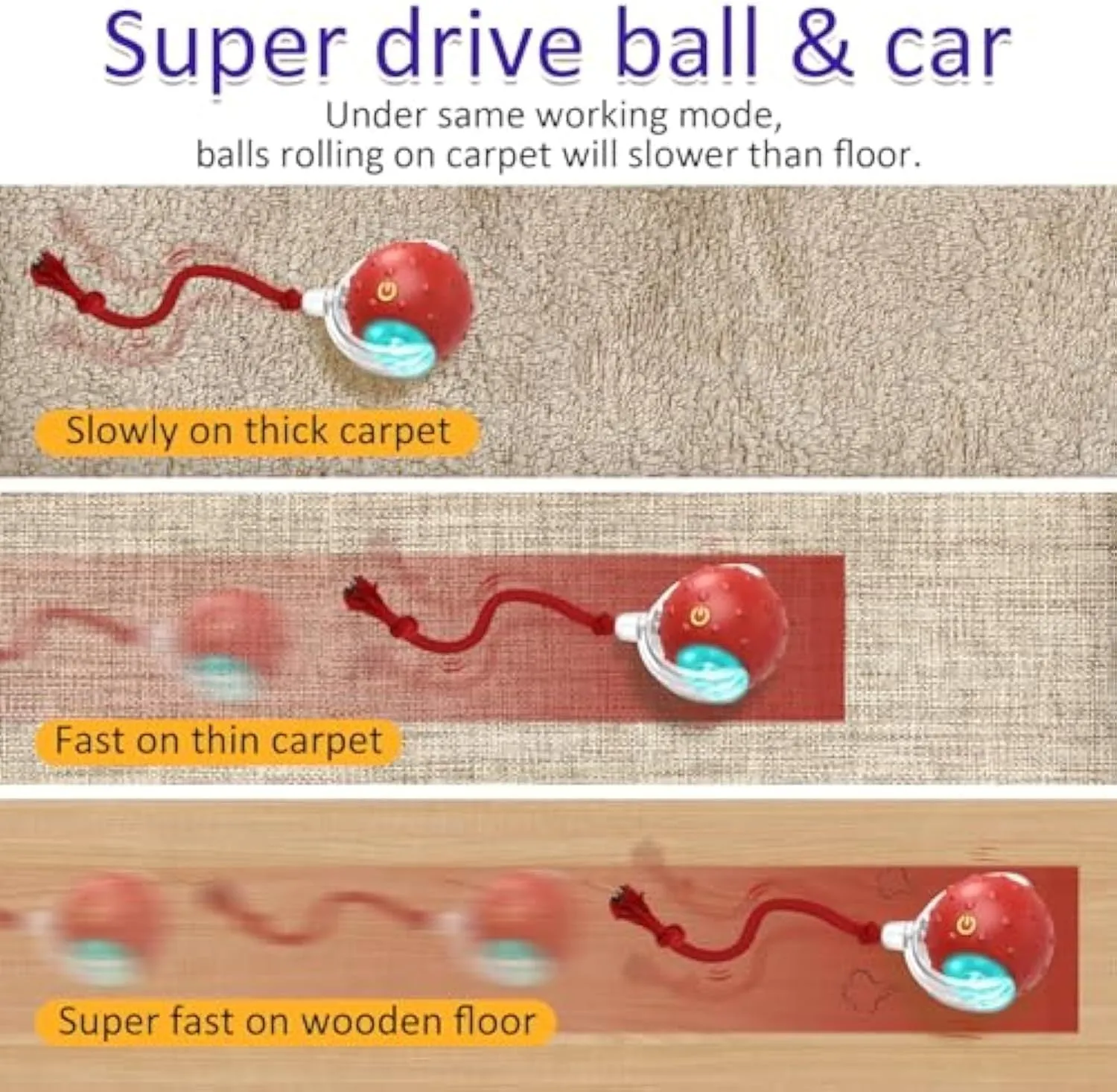 Red motion-activated chirping cat toy rolling fast on carpet with kitten chasing