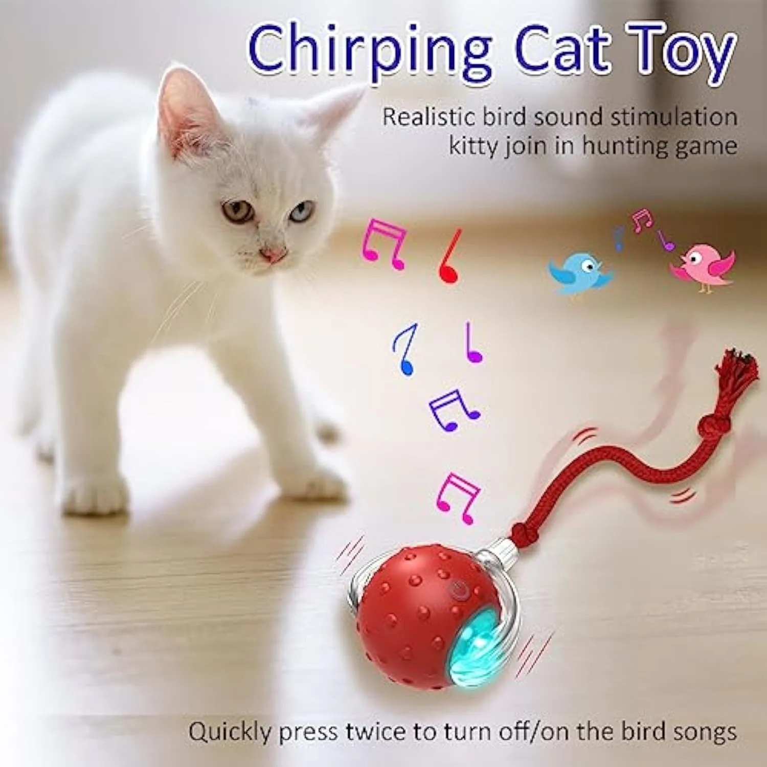 Red motion-activated chirping cat toy rolling fast on carpet with kitten chasing