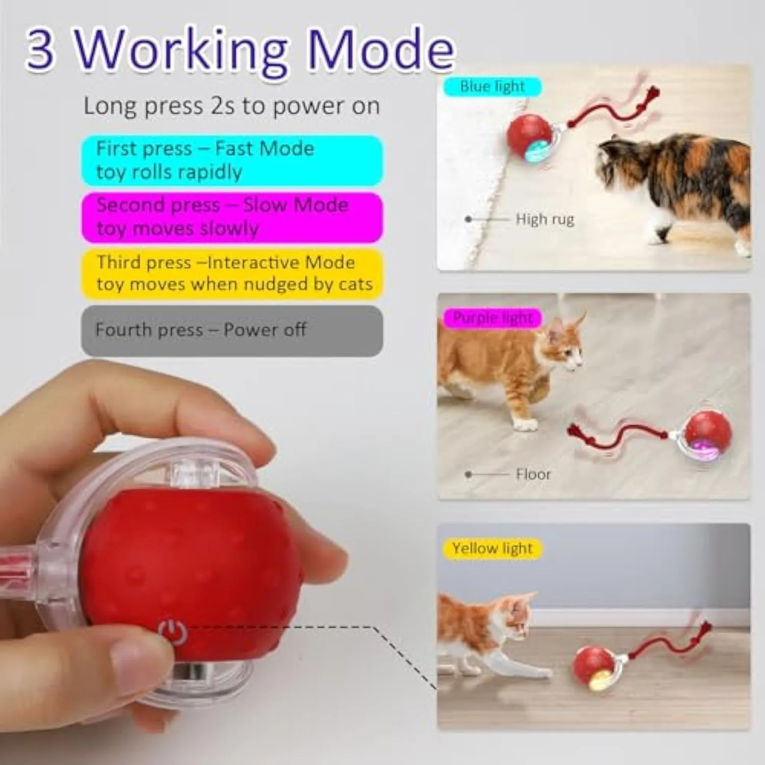 Red motion-activated chirping cat toy rolling fast on carpet with kitten chasing