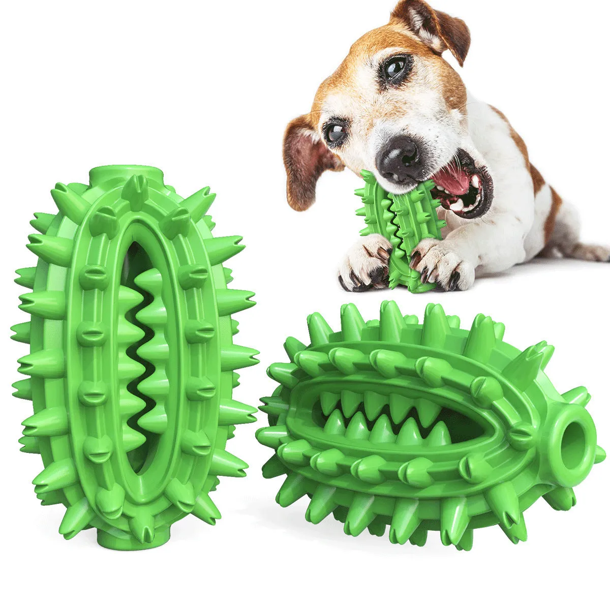 Green cactus-shaped rubber dog chew toy with textured bumps and a central food channel for dental care.